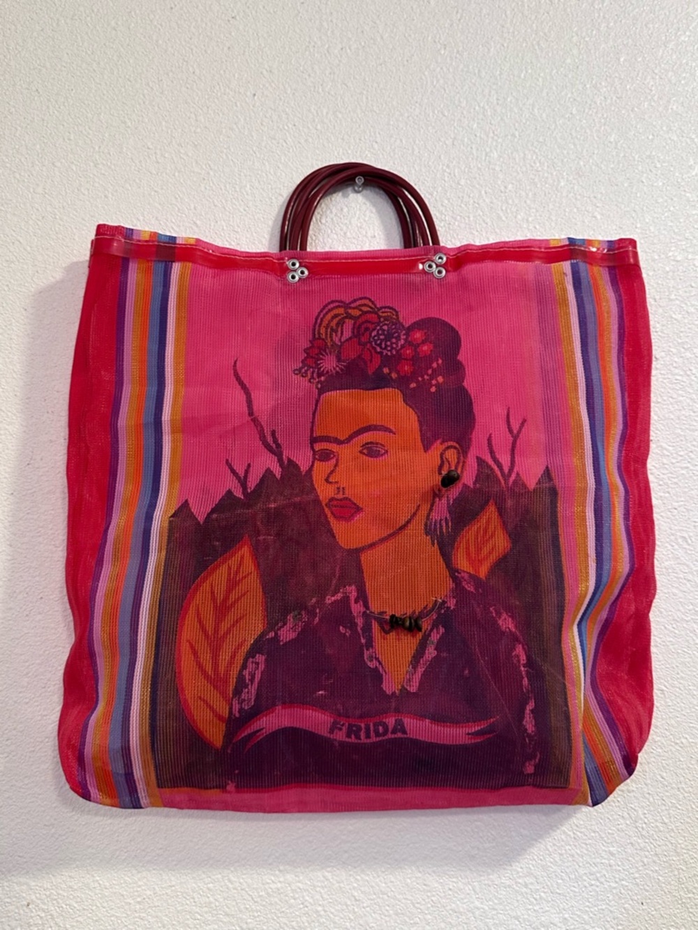 Frida Print Mesh Tote Bag in Bright Pink